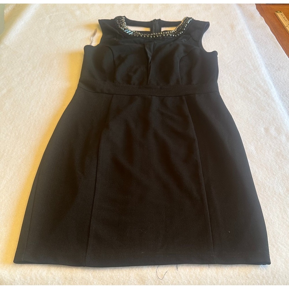 A'GACI Black Beaded Neck Sleeveless Sheath Dress Size L Cutout Back ID65207